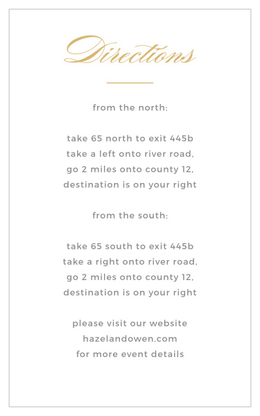 Help guests find your stately wedding venue with the Marbled Paper Foil Direction Cards.