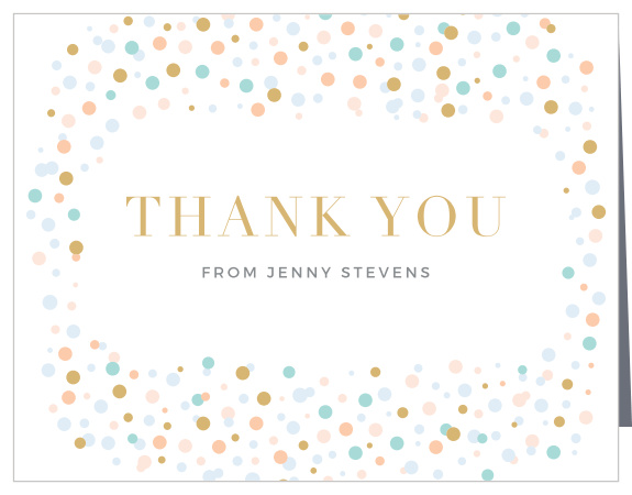 Frame your gratitude with the colorful confetti of the Dancing Dots Foil Thank You Cards. Personalize them online with our collection of colors, fonts and real gold or silver foil. Preview your customizations instantly online.