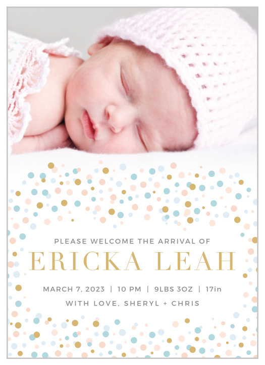 Colorful confetti frames the text of the Dancing Dots Foil Birth Announcements.