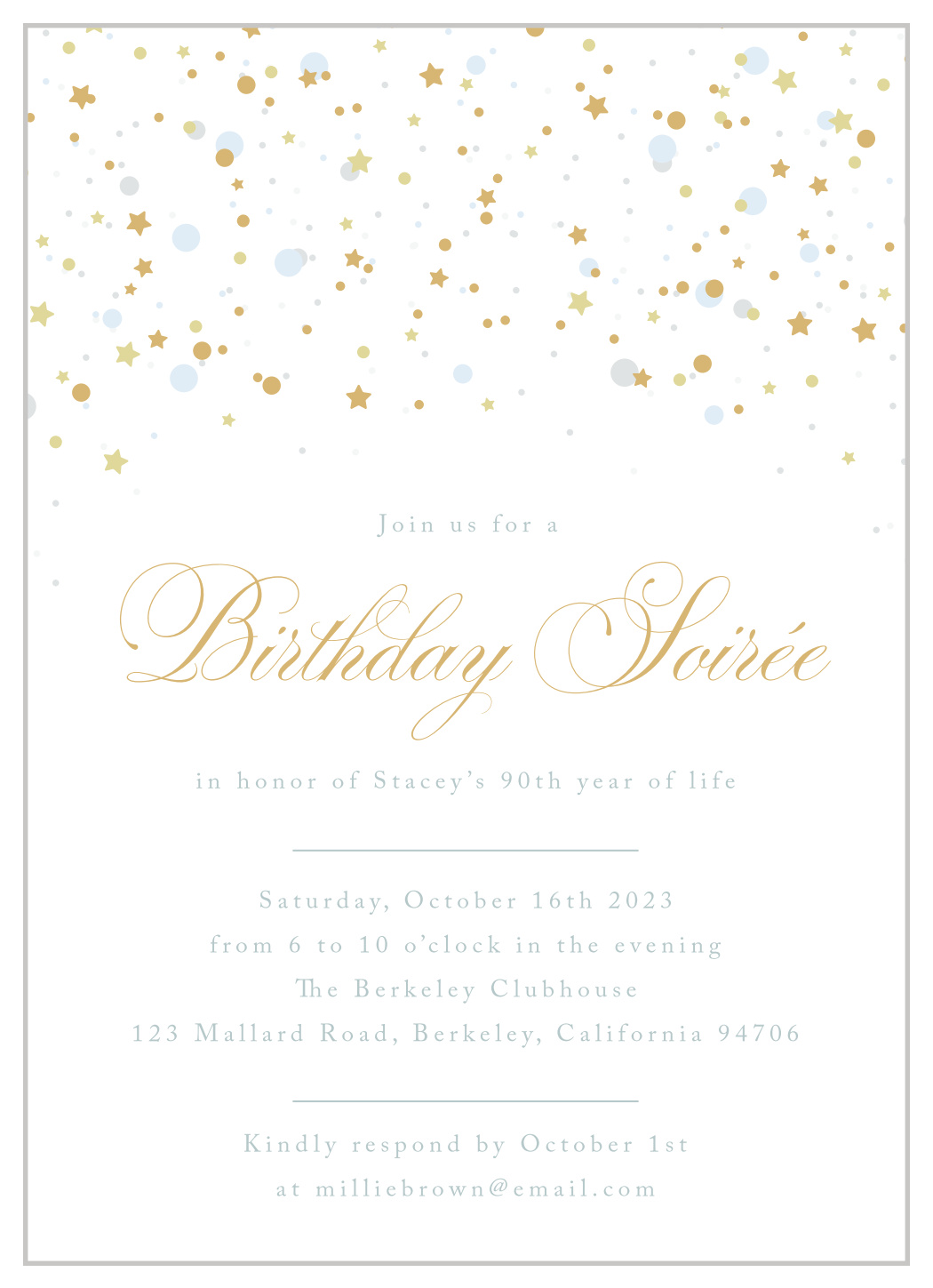 Birthday Soiree Milestone Birthday Invitations by Basic Invite, image size:1050x1449
