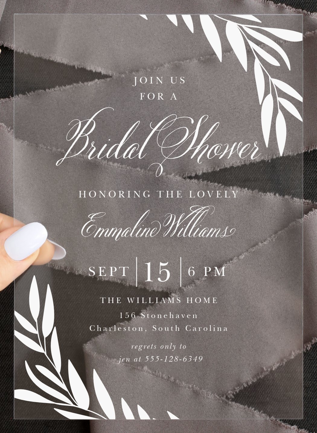 Greenery Leaves Clear Bridal Shower Invitations, image size:1050x1431
